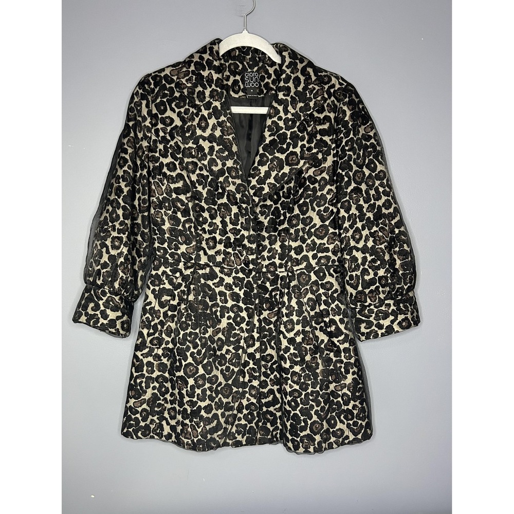 Clara Sun Woo Jacket Womens M Brown Leopard Jacquard Tulle Puff Sleeve Dressy